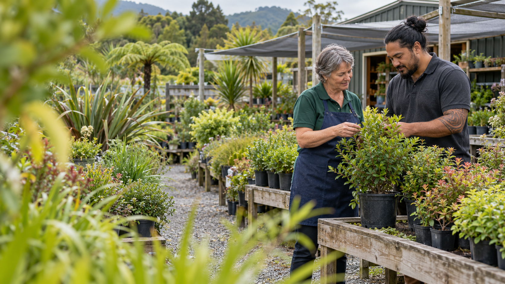 Two New Zealand nursery workers inspecting a plant